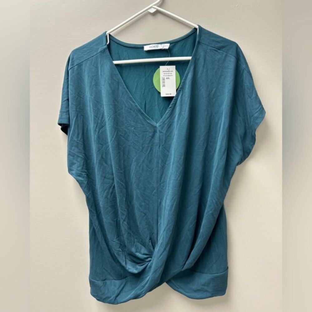 Ricki’s Women’s Short Sleeve Teal V-Neck with Front Knot Tie